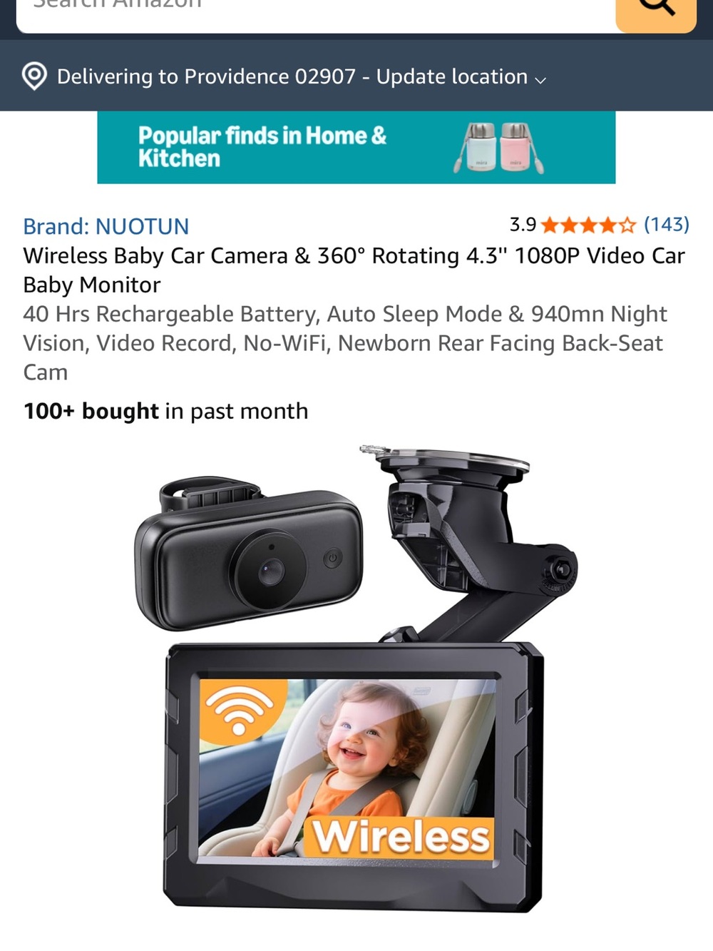 Black Wireless Car Baby Monitor with 4.3" screen